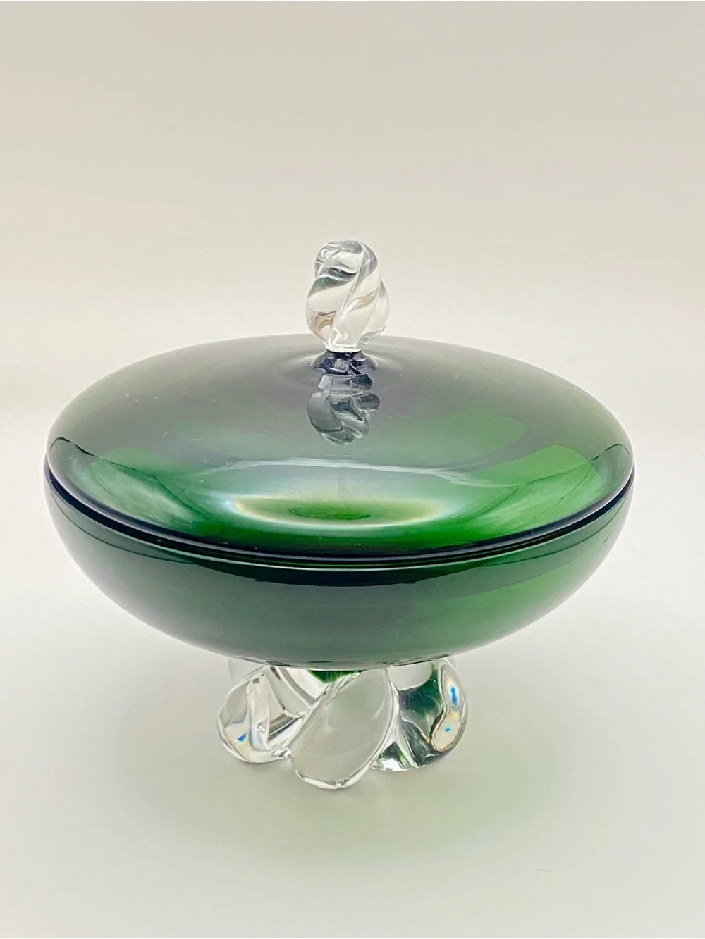 Vintage Seda Sweden Studio Glass Bonbonniere Green Clear Lidded Trinket Dish MCM